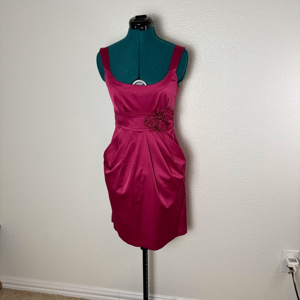 Juniors Sz 5 Satin Tank Mini Hot Pink rosette sash detail Homecoming dress